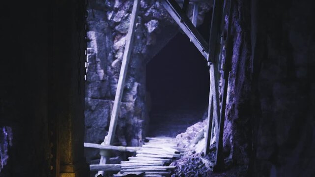 Cold shrine corridor with broken steps, narrow window light and stone altar ruin creating solemn, contemplative tone dustladen air, soot and crumbled mortar,