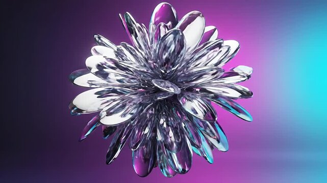 Abstract metallic flower shape with reflective petals on gradient background