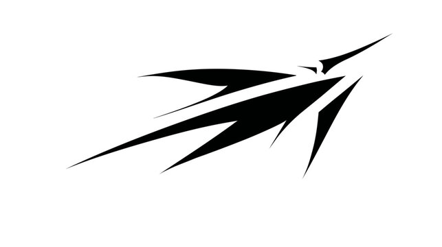 Black abstract design featuring sharp, angular elements resembling a stylized bird or arrow
