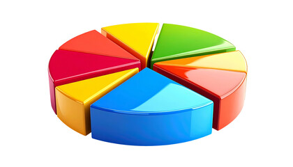 Obraz premium A glossy, colorful pie chart with eight segments, presented on a transparent background