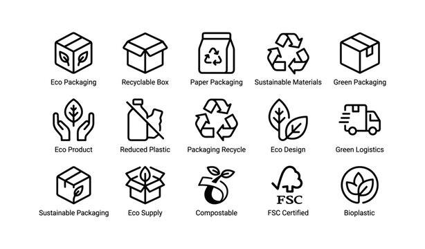 Eco-friendly packaging icons: recyclable, sustainable, green, compostable, certified
