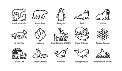 Fototapeta premium Arctic animals icon set featuring polar bear, penguin, seal, walrus, arctic fox, and more