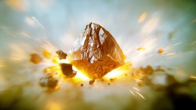 Explosive Crystallization: A raw crystal erupts in a shower of fragments and sparks, embodying the essence of energy, power, and transformation. 