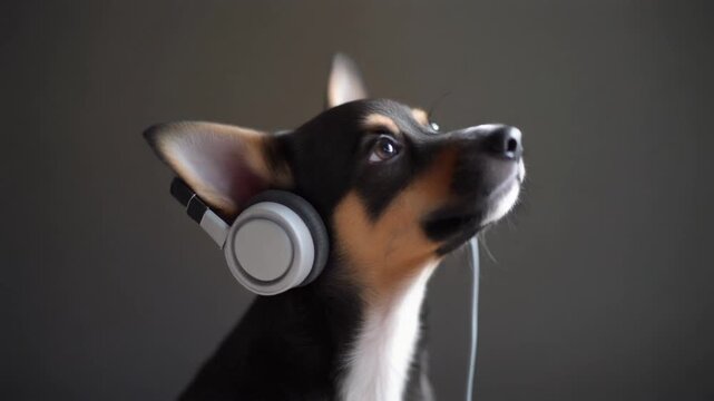 Curious relaxed dog wearing headphones listening to music gazes upward in a dark studio, captured as a photo from a low angle viewpoint