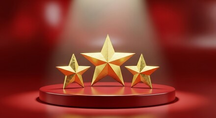 Three golden stars on a red podium under a spotlight, creating a celebratory composition
