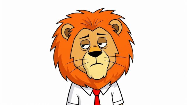 Cartoon lion with orange mane, white shirt, red tie, and dejected expression