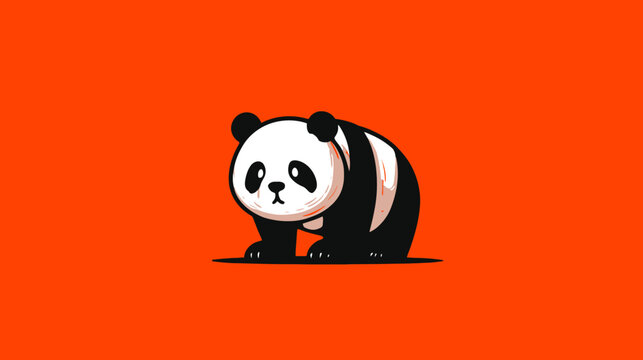 A cute cartoon panda bear, with black and white fur, standing against a bright orange background
