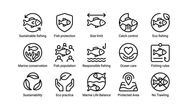 Icons depicting sustainable fishing practices and ocean conservation strategies