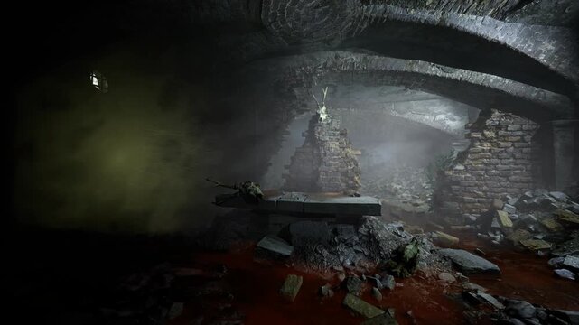 Inside a dimly lit cellar, ancient stone walls stand weathered by time. Debris and shadows dance among the ruins, hinting at forgotten stories. A chilling atmosphere lingers in the air.