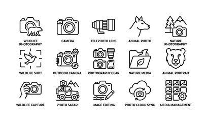 Obraz premium Wildlife photography icons: cameras, lenses, and nature elements