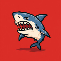 A humorous and exaggerated cartoon drawing of an angry shark with a wide-open mouth and sharp teeth, set against a bold red background in a flat, pop-art style with clean outlines.