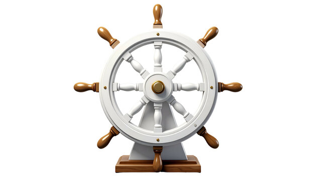 Isolated, detailed, nautical wheel with white spokes and dark wood accents on black