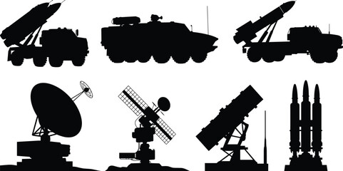 Obraz premium Military missile launcher and radar silhouettes defense vehicles satellite systems vector isolated illustration collection set