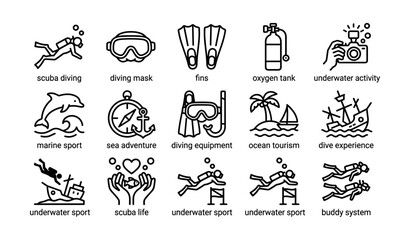 Obraz premium Scuba diving essentials: gear icons for marine and underwater activities