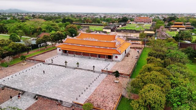 Aerial view of hue imperial city, the citadel of the nguyen dynasty in vietnam with the forbidden purple city, a unesco world heritage site