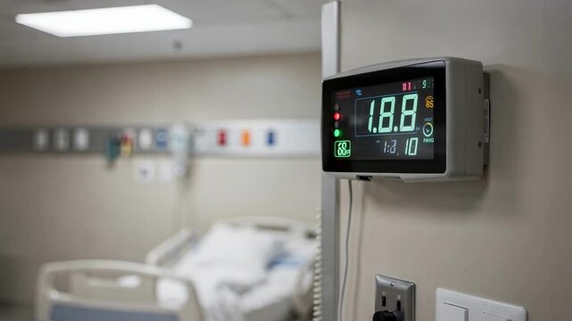Medium shot of specialized negativepressure isolation room interior showing pressure monitor on the wall in clear focus and blurred patient bed