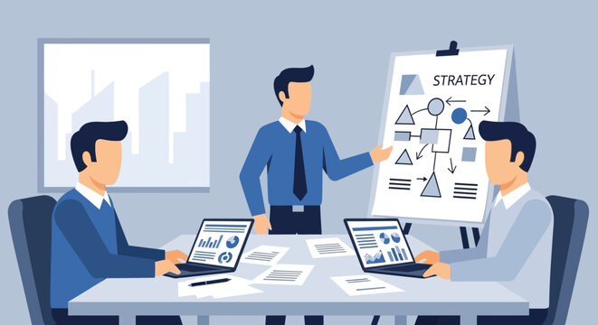 Businessmen Discussing Strategy in Meeting Room.