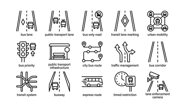 Public transport icons: infrastructure, urban mobility, traffic management