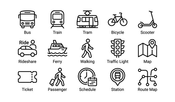 Public transportation icons: bus, train, tram, bicycle, scooter, and more