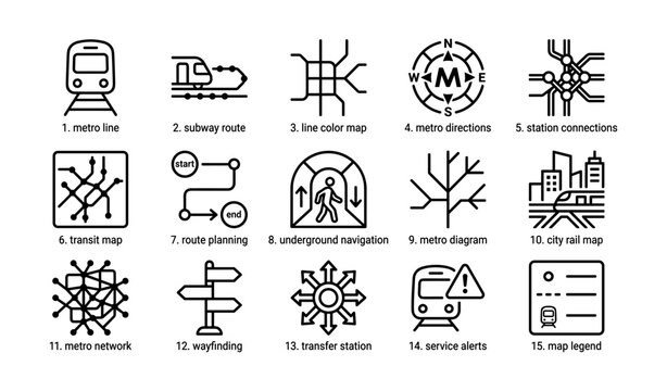 Urban transportation icons set featuring metro lines and maps
