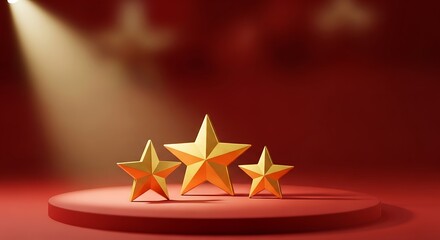 Three golden stars on a red stage, lit by a spotlight, against a vibrant red backdrop (1)
