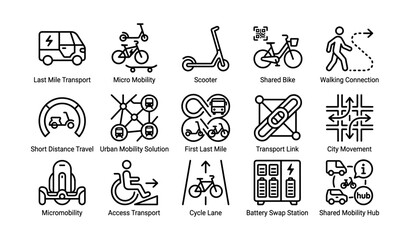 Fototapeta premium Urban mobility solutions icons featuring scooters, bikes, and transport links