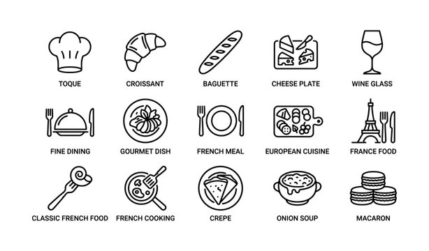 French cuisine icon set: baguette, croissant, cheese plate, wine glass, crepe, macaron