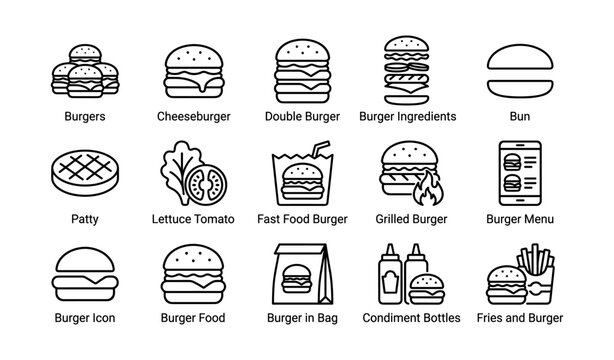 Illustrated burger icons set featuring various fast food elements