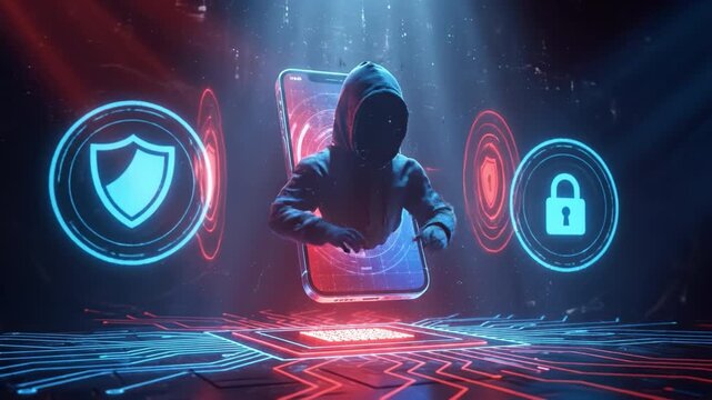 Hacker hoodie silhouette emerging from smartphone with fragmented pixels and neon circuitry, glowing shield and padlock icons, cyber security fragment scene conveying data breach tension and digital