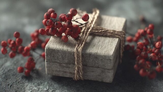 Gift of Serenity: A beautifully crafted gift box, wrapped with rustic twine and adorned with vibrant red berries, evokes feelings of warmth, simplicity, and heartfelt thoughtfulness.