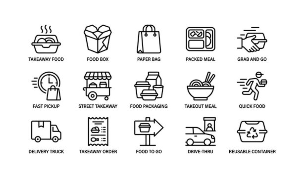 Takeaway icon set illustrating fast food concepts and packaging