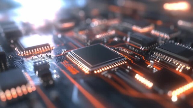 Circuitry's glow: A macro view of an integrated circuit board unveils a network of intricate components, showcasing a complex web of pathways and the cutting-edge essence of technology.