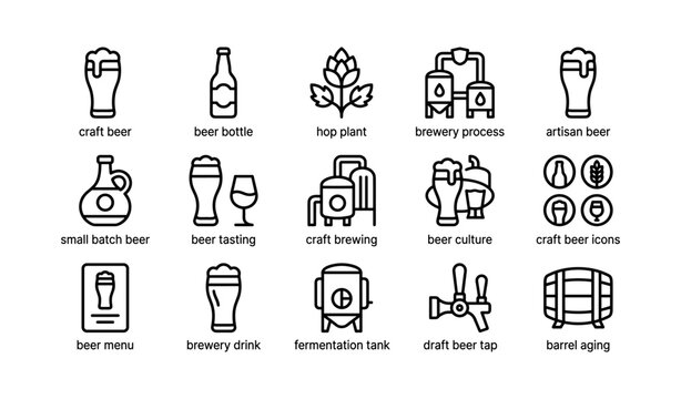 Variety of craft beer icons illustrating brewing process and culture