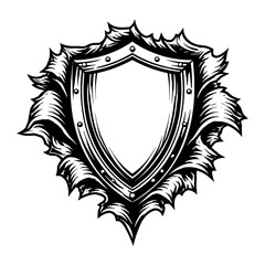 Fototapeta premium Ornate Medieval Fantasy Shield Emblem Vector Illustration - Blank Gothic Crest with Spiky Thorny Border and Rivets, Vintage Grunge Style for Gaming, Heraldry, Protection, and Customizable Logo Designs