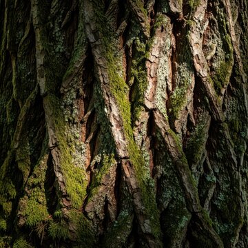 Close up texture shot of a massive tree bole in an old growth forest. Rough bark detail showing age and natural weathering, aged, surface, ecosystem