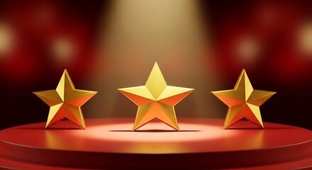 Three golden stars on a red stage under a spotlight, symbolizing achievement and success