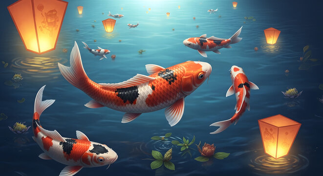 Vibrant Koi Fish Swimming Gracefully in Deep Blue Water.