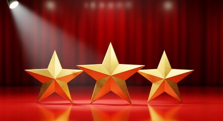 Three golden stars on a red stage with a spotlight against a red curtain background