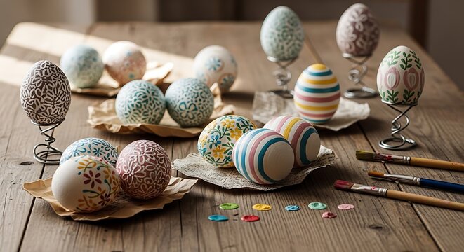 Decorated easter eggs on a rustic wooden table with paintbrushes