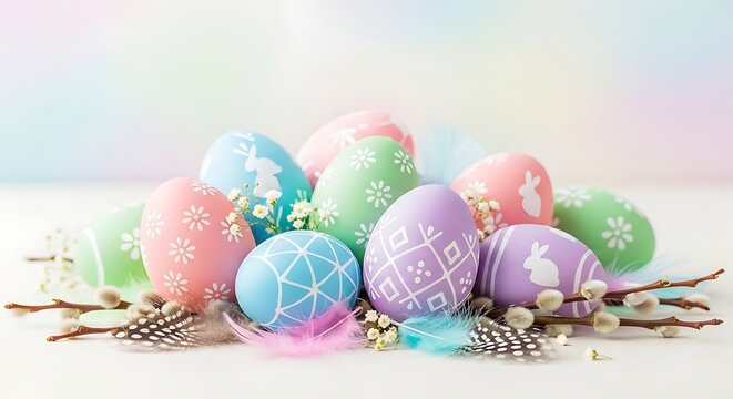 Decorated easter eggs with feathers and willow branches on white background
