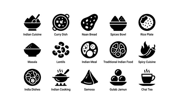 Indian cuisine icons collection: curry, naan, spices, rice plate, samosa, chai