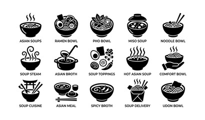 Fototapeta premium Asian soups icons: ramen, pho, miso, noodles, and more