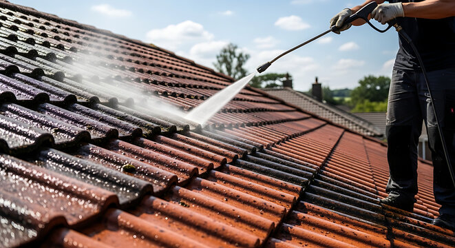 Man cleaning roof with pressure washer on sunny day outdoors