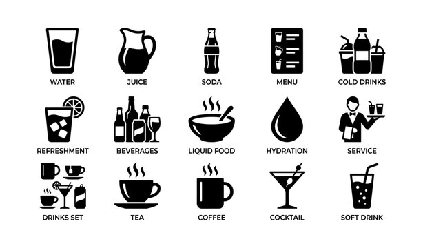 Beverages and liquid refreshments icons: water, soda, coffee, juice, tea, cocktails