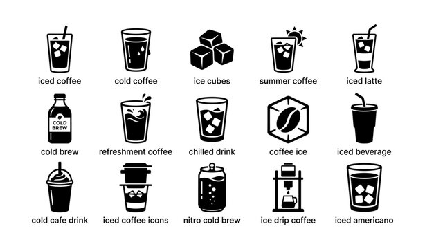 Variety of iced coffee icons: cold brew, latte, nitro, americano, refreshment