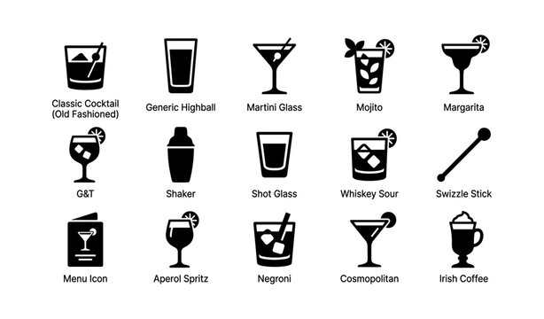 Cocktail glass icons: martini, mojito, margarita, negroni, shaker