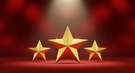 Three shining gold stars are lit against a deep red backdrop with a spotlight