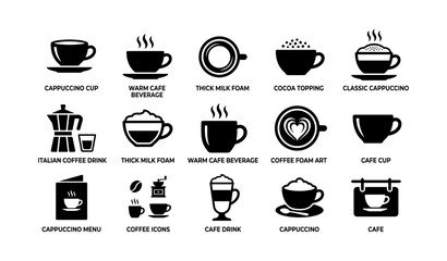 Fototapeta premium Coffee cup icons with beverage variants and foam art designs