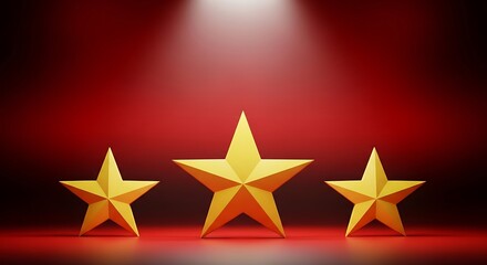 Three shining gold stars are lit against a deep red backdrop