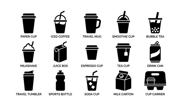 Various beverage containers: cups, boxes, and bottles icons collection
